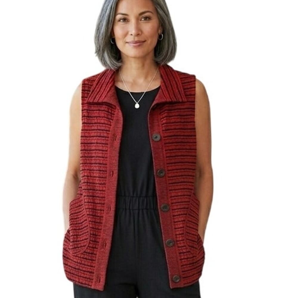 Habitat Andes Stripe Vest Womens Small Garnet Red Black Button Lagenlook Topper